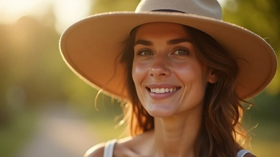 Stylish Woman Wearing Beige Wide-Brimmed Hat Outdoors