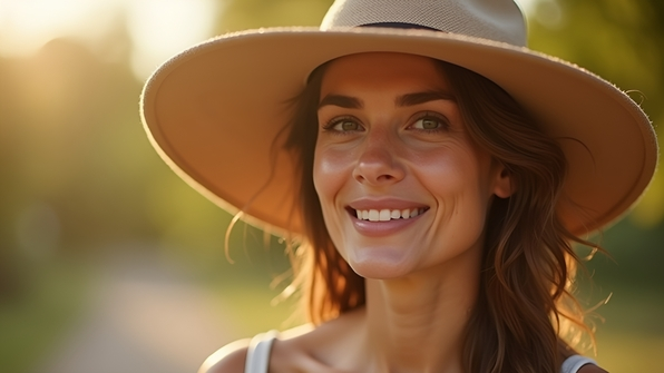 Stylish woman wearing beige wide-brimmed hat smiling softly outdoors with warm natural lighting