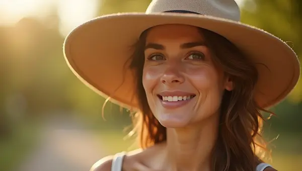 Stylish Woman Wearing Beige Wide-Brimmed Hat Outdoors
