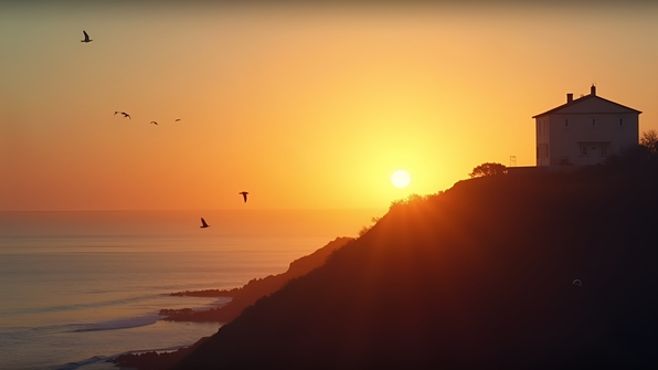 Sun Setting Behind Hilltop Building Over Sea