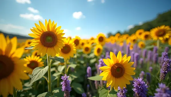 Sunflower And Lavender Field Under Blue Sky