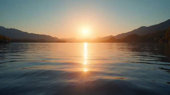 Sunlight shimmering on a calm lake surface during golden hour with gentle ripples