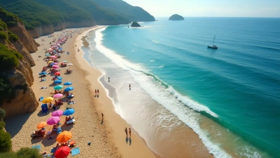 Sunlit Beach Aerial View With Colorful Umbrellas