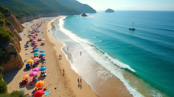 A vibrant aerial view of a sunlit beach with colorful umbrellas and sunbathers along the sandy shore