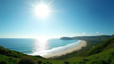 Sunlit Beach View Across Green Hill