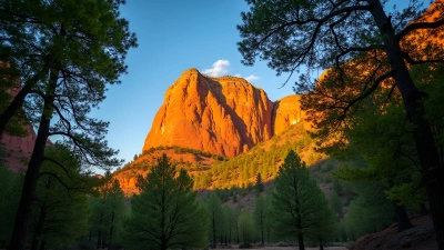 Sunlit Brown Rock Formation Amid Green Trees