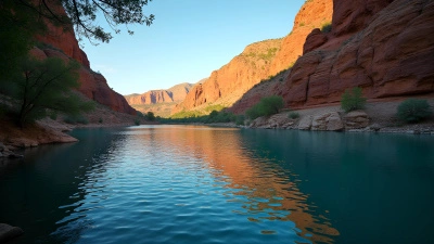 Sunlit Brown Rock Formation by Calm Blue Lake