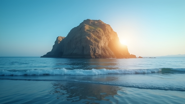 Sunlit brown rock formation rising from calm blue sea under clear daytime sky