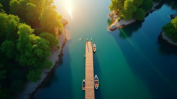Sunlit brown wooden dock extending over calm water surrounded by lush green trees under clear blue sky