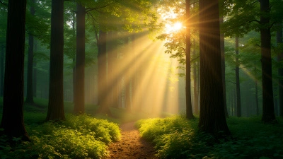 Sunlit Dense Forest With Golden Rays