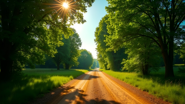Sunlit dirt pathway winding through lush green trees under a blue daytime sky