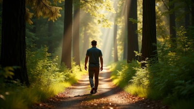 Sunlit Forest Path With Man Walking