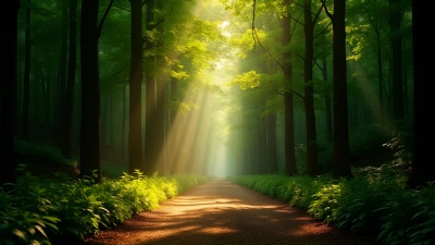Sunlit Forest Pathway With Tall Green Trees