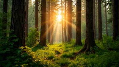 Sunlit Forest With Tall Brown Trees And Green Undergrowth