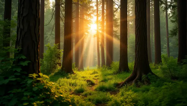 Sunlit Forest With Tall Brown Trees And Green Undergrowth