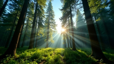 Sunlit Forest With Tall Green Trees And Blue Sky