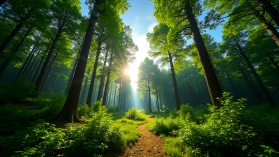 Sunlit Forest With Tall Green Trees And Vibrant Foliage