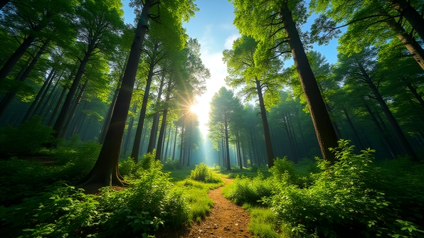 Sunlit forest with tall green trees and vibrant foliage under a clear blue sky