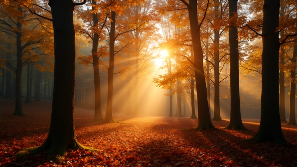 Sunlit Forest With Tall Trees In Autumn
