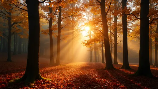 Sunlit Forest With Tall Trees In Autumn