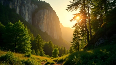 Sunlit Green Forest Near Rugged Cliff At Golden Hour