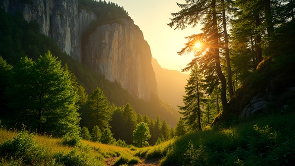 Sunlit green forest beside a rugged cliff at golden hour with warm light filtering through vibrant foliage