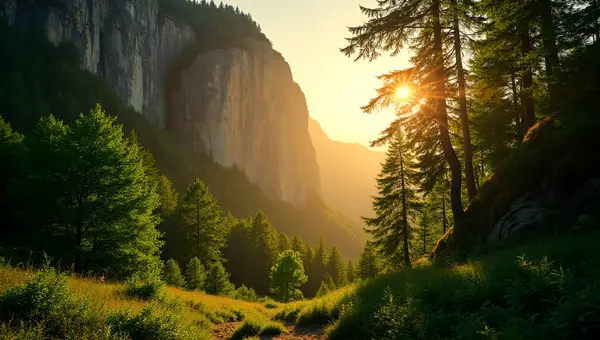 Sunlit Green Forest Near Rugged Cliff At Golden Hour