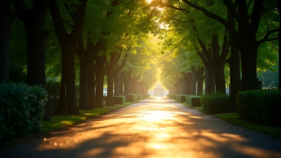 Sunlit Hallway with Lush Green Trees and Vibrant Shadows