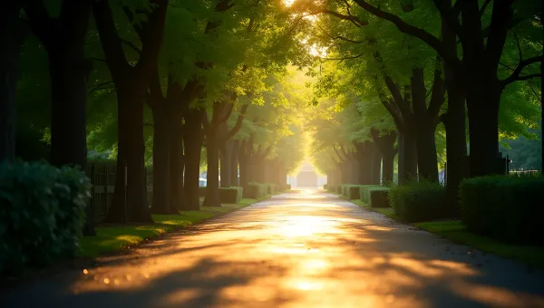 Sunlit Hallway with Lush Green Trees and Vibrant Shadows