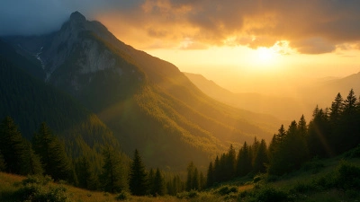Sunlit Mountain with Dense Green Trees at Golden Hour