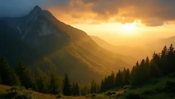 Sunlit Mountain with Dense Green Trees at Golden Hour