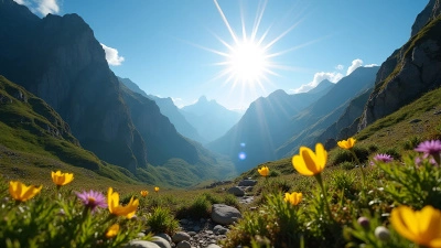 Sunlit Mountain Landscape With Greenery And Rocks