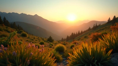 Sunlit Mountain Range with Wildflowers at Golden Hour