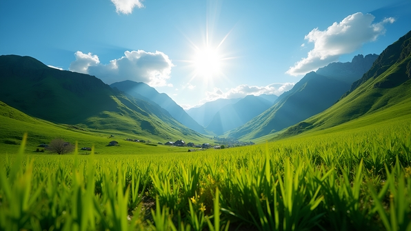 Sunlit mountains with lush green grass under a clear blue sky