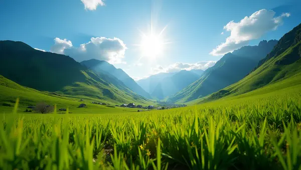Sunlit Mountains With Lush Green Grass