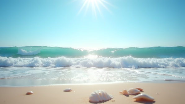 Sunlit ocean waves gently rolling toward a sandy beach under a clear blue sky