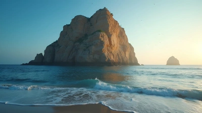Sunlit Rugged Rock Formation by Calm Sea