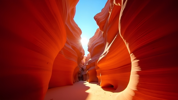 Sunlit sandstone slot canyon with smooth flowing orange and red rock walls under a bright blue sky