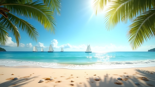 Sunlit sandy beach with gentle waves and distant sailboats under a clear blue sky