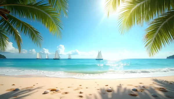 Sunlit Sandy Beach With Gentle Waves And Sailboats
