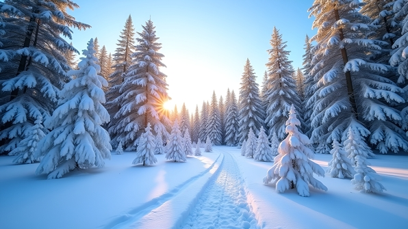 Sunlit snow-covered forest with tall pine trees under a clear blue sky on a bright winter day