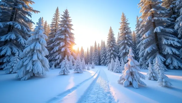 Sunlit Snow-Covered Forest With Pine Trees