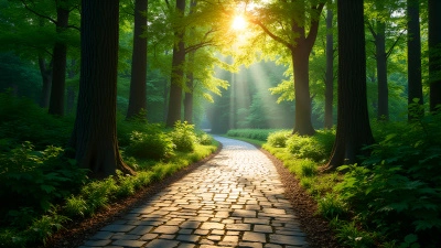Sunlit Stone Pathway Through Green Forest