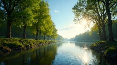 Sunlit Tall Trees Along Calm Riverbank