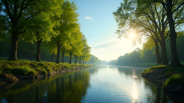 Sunlit tall trees with lush green leaves lining a calm riverbank under a clear blue daytime sky