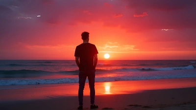 Sunset Over Ocean With Man On Seashore