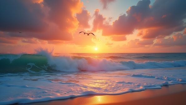 Vibrant sunset sky over ocean waves crashing energetically onto sandy beach with foamy white surf
