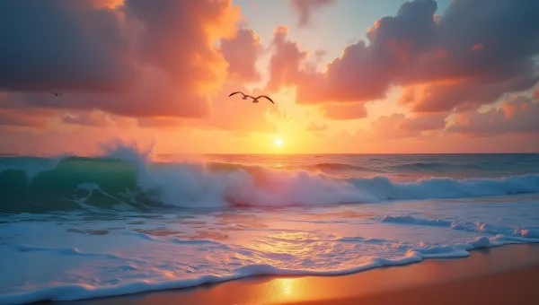 Sunset Sky Over Ocean Waves Crashing