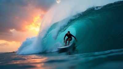 Surfer Riding Massive Ocean Wave At Sunset