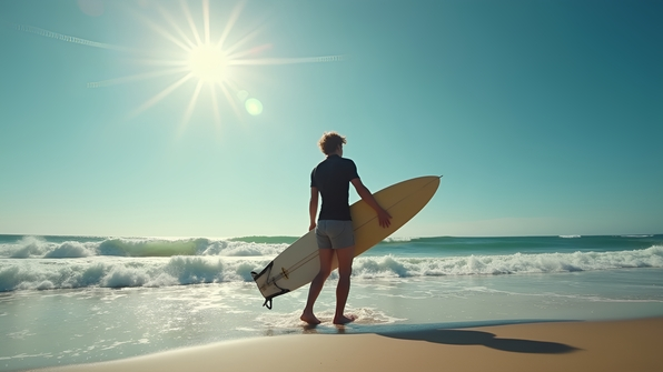 Surfer Standing on Sandy Shore with Surfboard